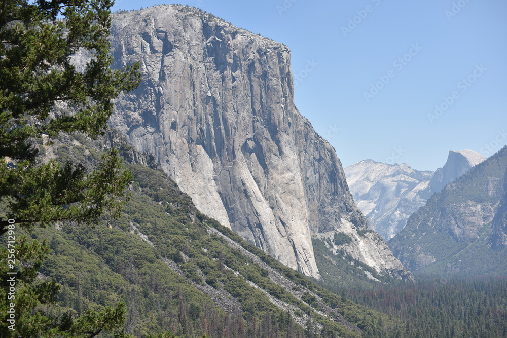 Yosemite National Park, CA., U.S.A. June 26, 2017. Panorama view of Yosemite Valley from the tunnel showing El Capitan, Half-dome, Bridalveil Falls.