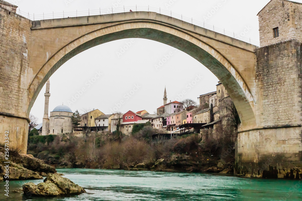 View of Stari Most a 16th-century Ottoman bridge over Neretva river in the city of Mostar in Bosnia Herzegovina