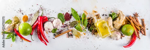 Panel kuchenny z motywem Various herbs and spices on white background top view copy space