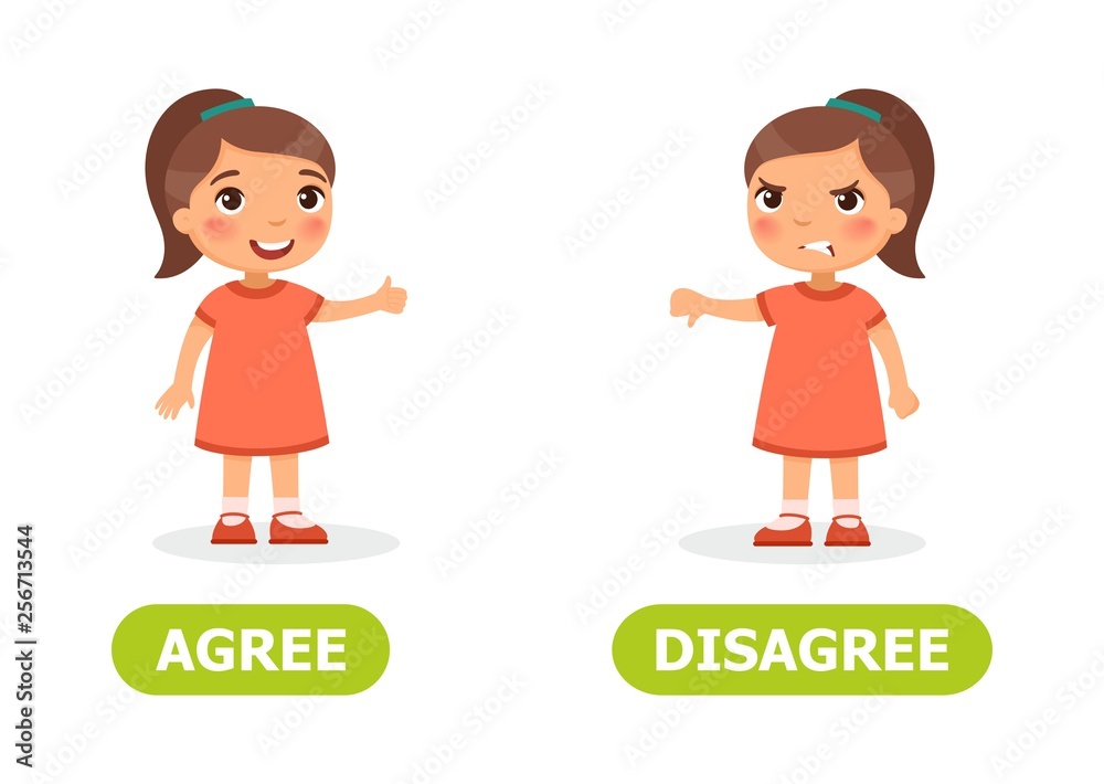 Girl shows thumb up and thumb down. Opposite wordcard for agree and disagree illustration Girl shows thumb up and thumb down. Opposite wordcard for agree and disagree illustration