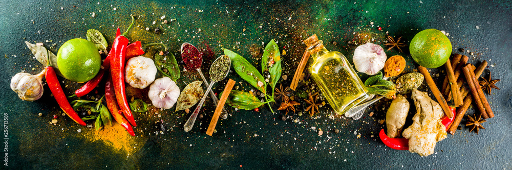 Various herbs and spices on dark background top view copy space - obrazy, fototapety, plakaty 