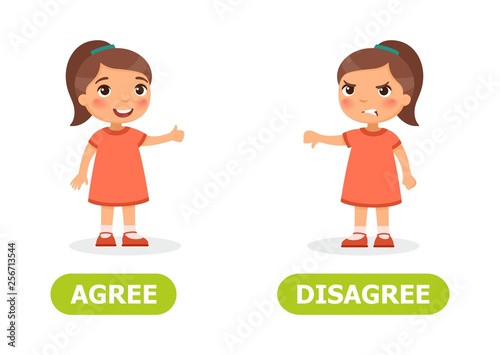 Girl shows thumb up and thumb down. Opposite wordcard for agree  and disagree illustration
