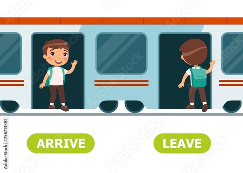 Boy gets out of  train, boy gets on train. English opposite word of arrive and leave illustration