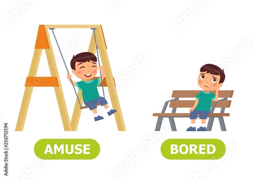 Happy boy is swinging on a swing, sad boy is sitting on a bench. Opposite wordcard for amuse  and bored illustration.