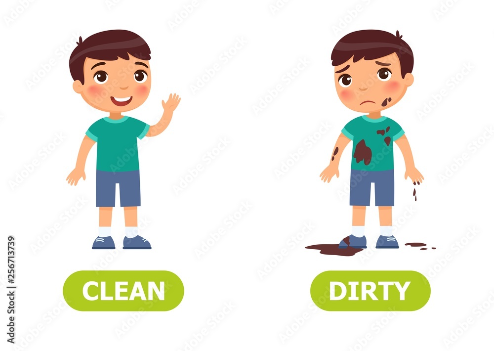 Boy is joyful, boy is sad..Opposite wordcard for clean and dirty illustration.