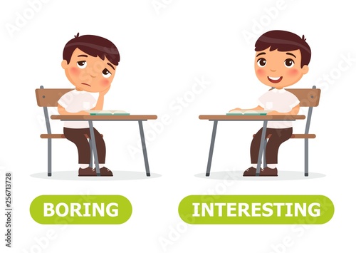 Boy is sitting at the school desk and he is bored, he is interested..Boring and interesting illustration. Vocabulary English opposite words. .