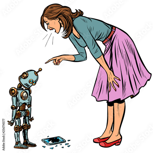 robot broke the phone. Woman scolds guilty