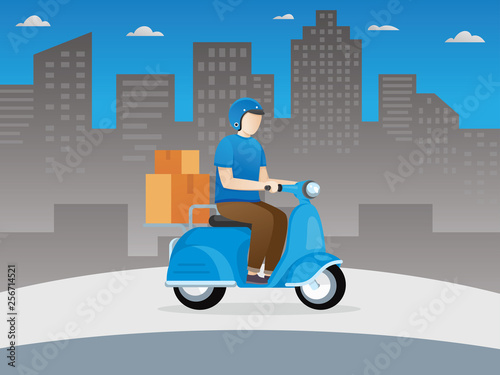 young man on a scooter. Delivery guy on scooter. Scooter delivery man, Fast and free delivery. Vector cartoon illustration. A young Boy riding delivery scooter - Vector