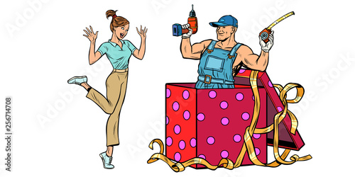 Woman surprise. repairman as a gift