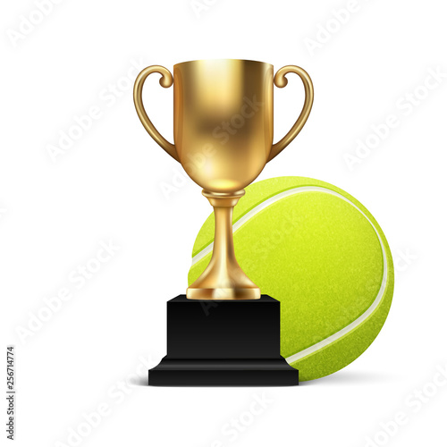 Realistic Vector 3d Blank Golden Champion Cup Icon wirh Tennis Ball Set Closeup Isolated on White. Design Template of Championship Trophy. Sport Tournament Award, Gold Winner Cup and Victory Concept