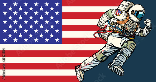 American astronaut patriot runs forward. USA flag