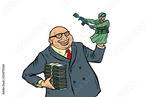 War propaganda. Soldier attacks. Politician with money