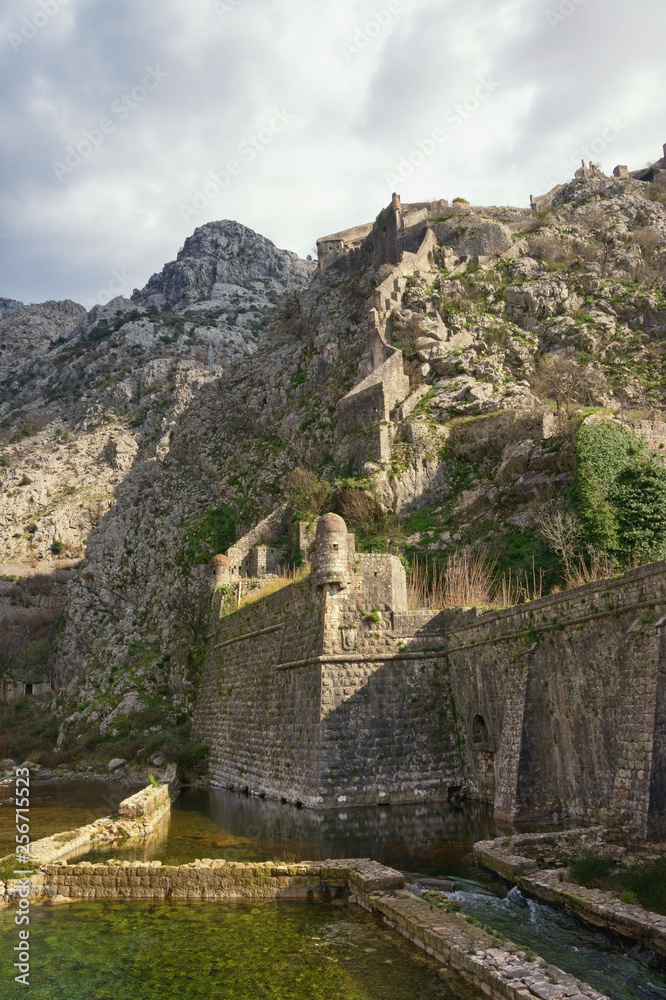 Ancient fortifications. Montenegro. Old Town of Kotor - UNESCO World Heritage site.  View of Northern walls  and Riva Bastion