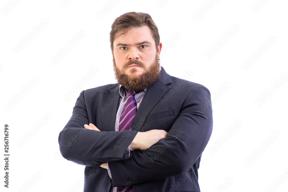 Portrait of a big handsome serious bearded business man in a dark suit and a bright blue tie, isolated on white Portrait of a big handsome serious bearded business man in a dark suit and a bright blue tie, isolated on white