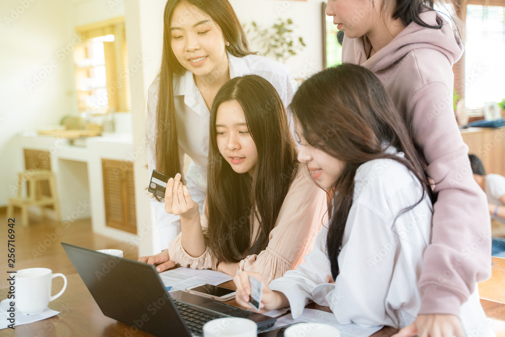 Office interior casual young business women talking discussion online business plan Office interior casual young business women talking discussion online business plan