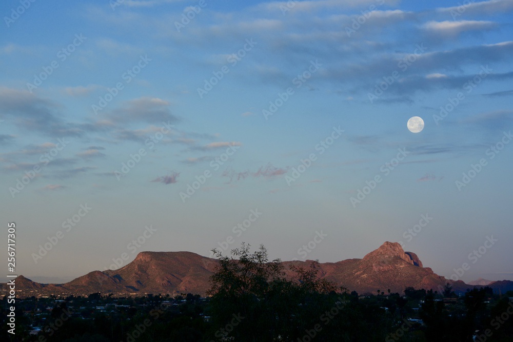 Full Moon at Dawn Daybreak Moonset over Tucson Arizona Mountains Desert Full Moon at Dawn Daybreak Moonset over Tucson Arizona Mountains Desert