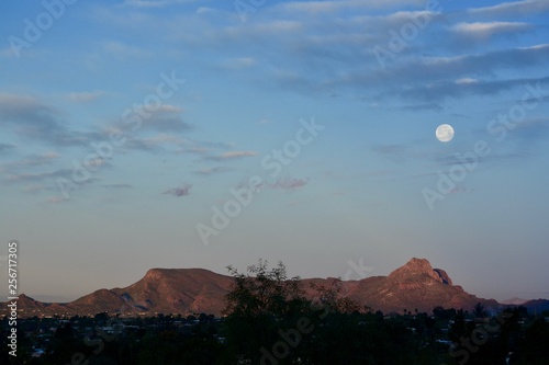 Full Moon at Dawn Daybreak Moonset over Tucson Arizona Mountains Desert 