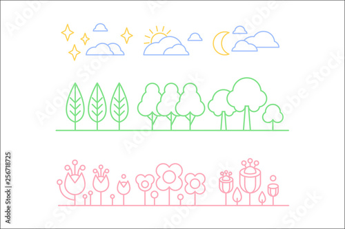 Nature set, trees, plants and sky clouds n a linear style vector illustration