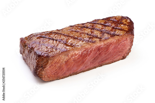 Freshly medium rare grilled beef steak, fried meat, close-up, isolated on white background