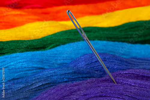 Mitty floss laid out in the colors of the rainbow. Needle close up.