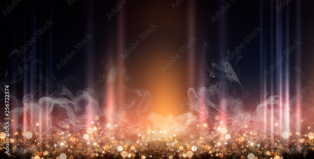 Dark background with multicolored bokeh, gradient and abstract bokeh light. Magic twinkling sparkles.