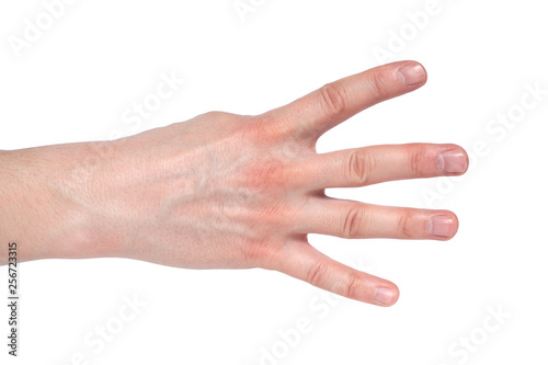 Man hand show four fingers on white background