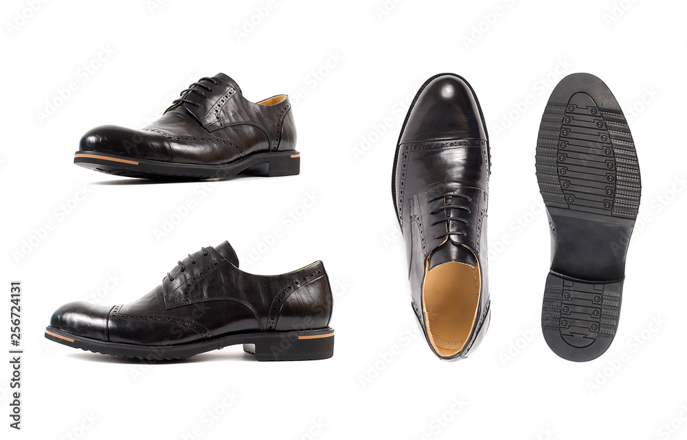 Men's black shoes, shoe isolated white background. Side view, top view and sole.