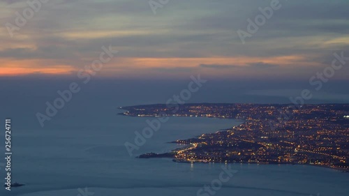 Aerial night view of Bugio Fort, Oeiras Carcavelos Sintra Paco de Arcos and Lisbon, with Sintra mountains in the background and city lights. photo