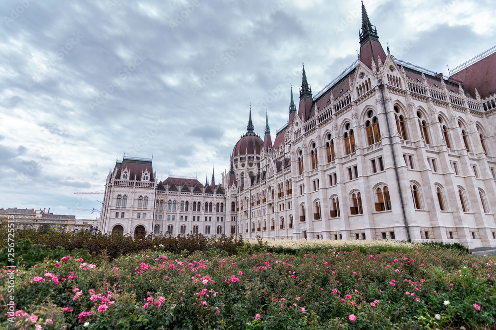 Side of the Parliament of Budapest a cloudy day with flowers in the foreground, Hungary