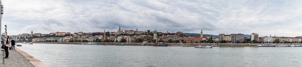 Panoramic view of the Danube river bank from the Buda part with the Buda Castle and Fisherman's Bastion, Budapest, Hungary