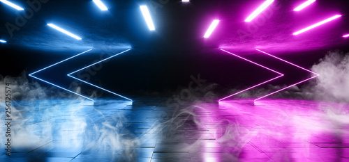 Smoke Arrows Neon Virtual Reality Dark Grunge Concrete Background Asphalt Optical Illusion Fluorescent Blue Purple Vibrant Glowing Empty Space Sci Fi Futuristic Spaceship Stage 3D Rendering © IM_VISUALS