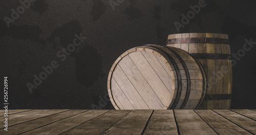 Quadro su tela Barrels in the wine cellar 3d illustration