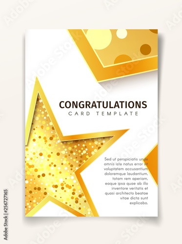 Invitation greeting card template. Golden textured star on white background isolated a4 brochure. Vector illustration EPS10
