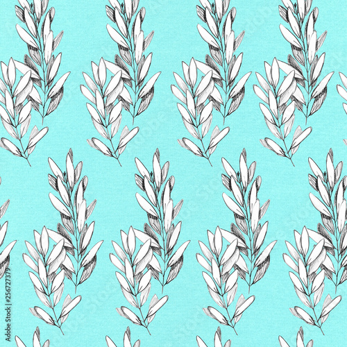 Hand drawn pen grayscale seamless pattern. For surface design, invitation, product design, printing, save date cards, wallpaper. Olive branch, olive leaf. Plain and rustic.