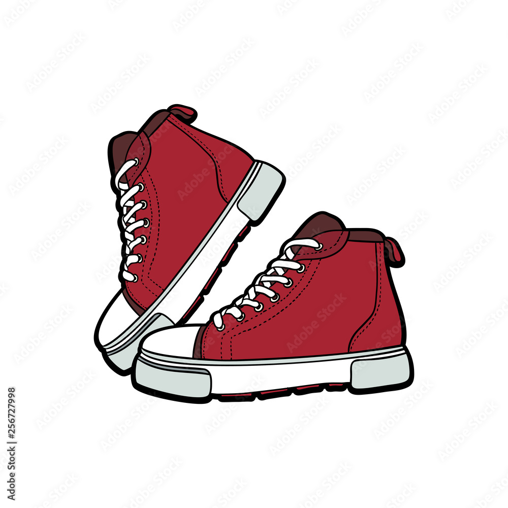 Sneakers shoes pair isolated. Hand drawn vector illustration of red ...