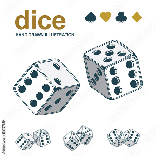 Dice. Dice pair hand drawn vector illustrations set. Card suits. Dice sketch drawing symbols.