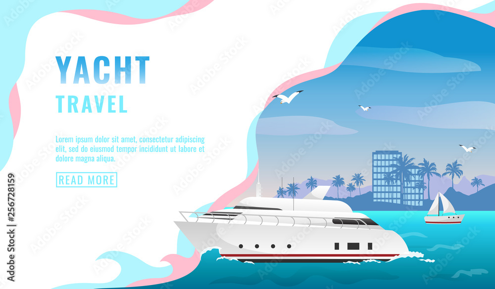 Landing page design, banner with luxury yacht travel concept, tourism, white beautiful passenger ship, coastline with skyscrapers and palm trees, vector