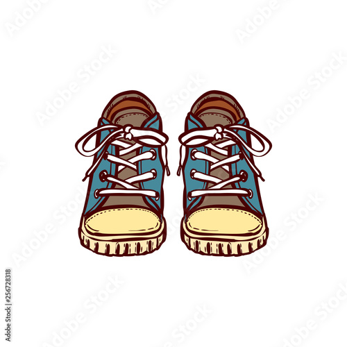 Sneakers shoes pair isolated. Hand drawn vector illustration of blue shoes. Sport boots hand drawn for logo, poster, postcard, fashion booklet, flyer. Vector sketch sneakers. Blue shoes.