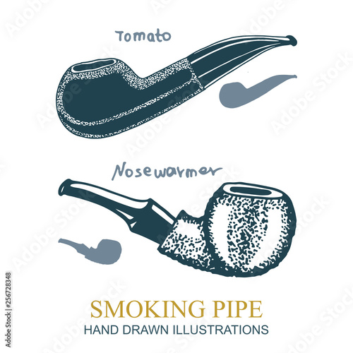 Smoking pipe. Tobacco pipe hand drawing vintage style illustrations. Part of set.