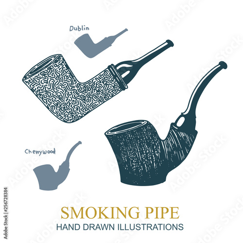 Smoking pipe. Tobacco pipe hand drawing vintage style illustrations. Part of set.