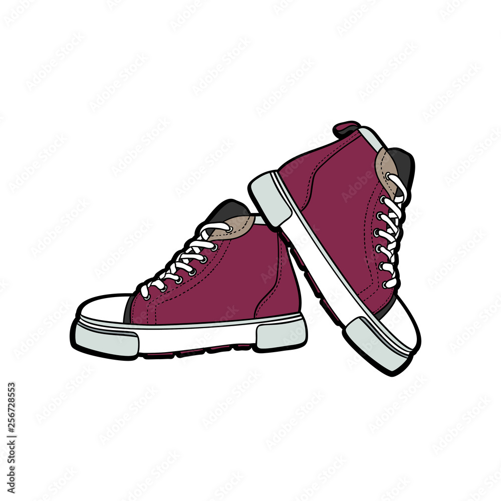 Sneakers shoes pair isolated. Hand drawn vector illustration of purple ...