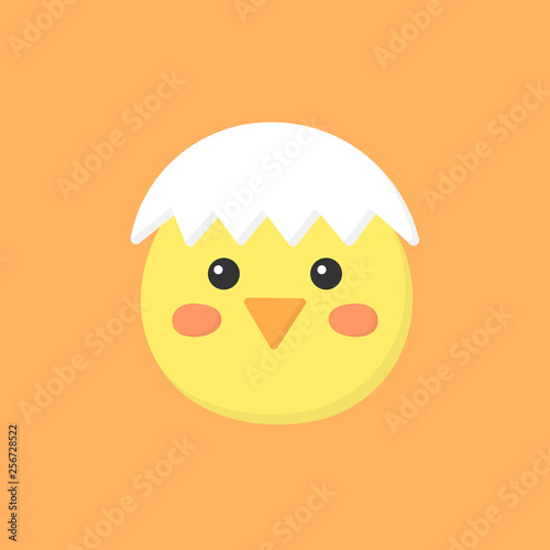 Cute little chick vector graphic illustration. Easter themed, yellow chicken cartoon with cracked eggshell on head, isolated on orange background.
