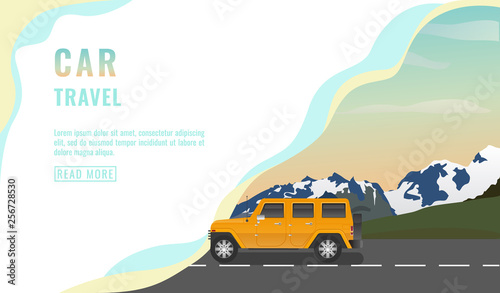 Landing page design  banner with jeep car travel  tourism concept  yellow car on road  beautiful sky with stars  summer holiday  vector