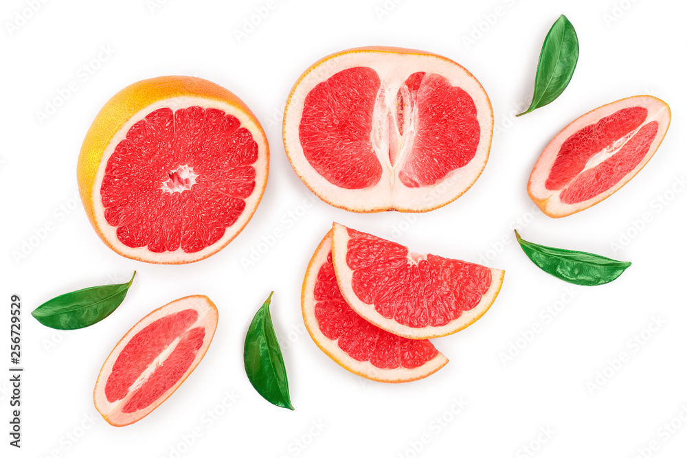 Grapefruit and slices with leaves isolated on white background. Top view. Flat lay pattern Grapefruit and slices with leaves isolated on white background. Top view. Flat lay pattern