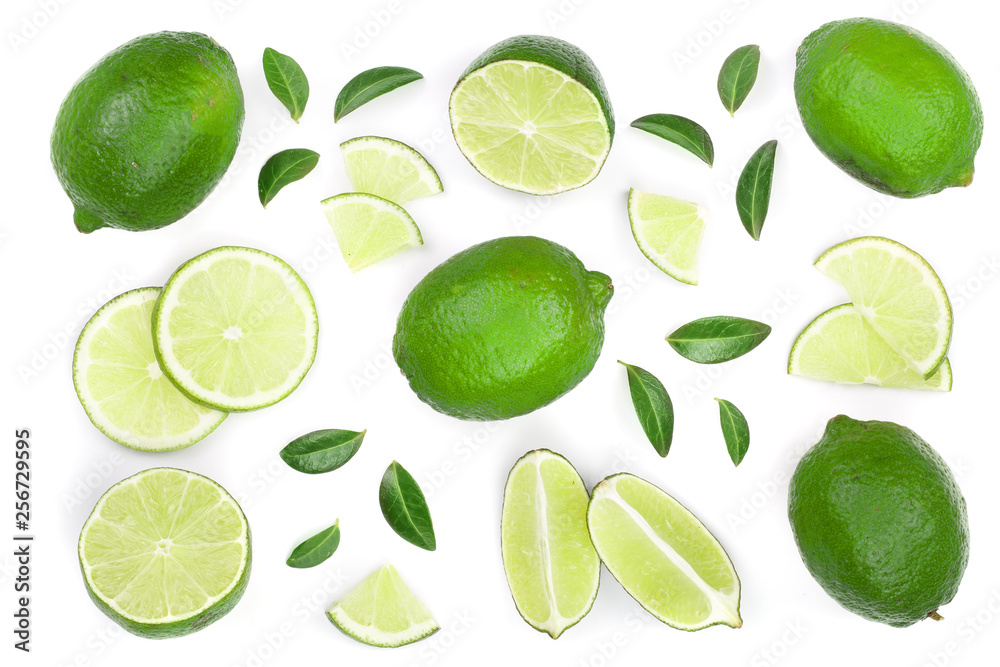 sliced lime with leaves isolated on white background. Top view. Flat lay pattern sliced lime with leaves isolated on white background. Top view. Flat lay pattern