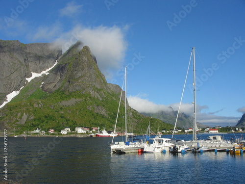 Small private Lofoten harbour with sailboat in sunny day with blue sky © Daniel