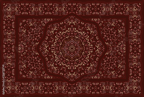 Vintage Arabic pattern. Persian colored carpet. Rich ornament for fabric design, handmade, interior decoration, textiles. Red background.