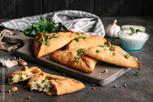 Meat or chicken triangular pies with sour cream, onions, garlic on a dark background. Tatar traditional dish.