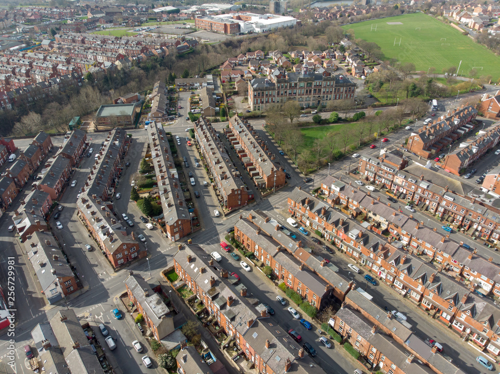 Aerial photo os a typical housing estate in the UK, Taken in the British town of Leeds West Yorkshire