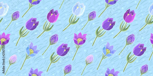 Vector seamless pattern with hand-drawn anemones on blue background